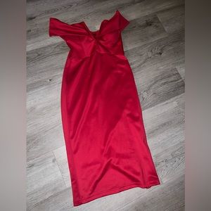 Red short, off the shoulder dress.